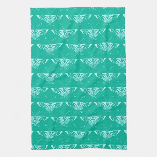 Stylized Deco butterfly  - turquoise and aqua Kitchen Towel (Vertical)