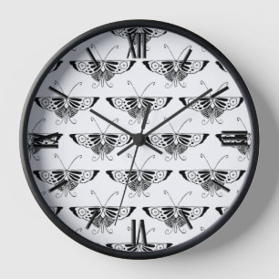 Stylized Deco butterfly  - white and black Clock