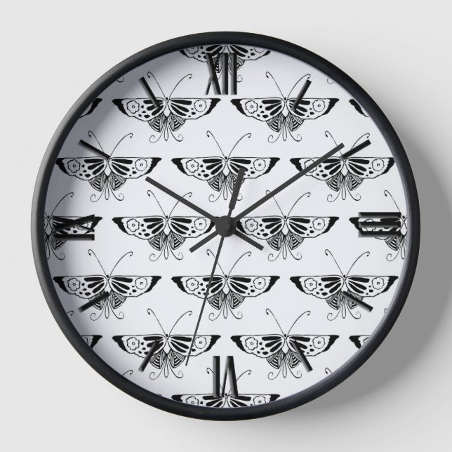Stylized Deco butterfly  - white and black Clock (Front)