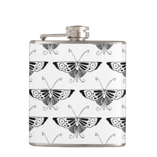 Stylized Deco butterfly  - white and black Hip Flask