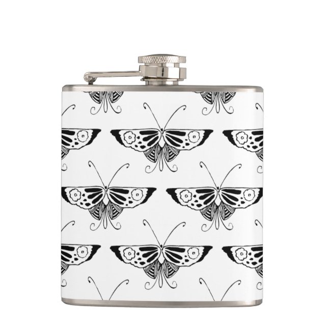 Stylized Deco butterfly  - white and black Hip Flask (Front)