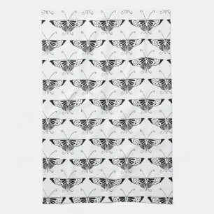 Stylized Deco butterfly - white and black Kitchen Towel