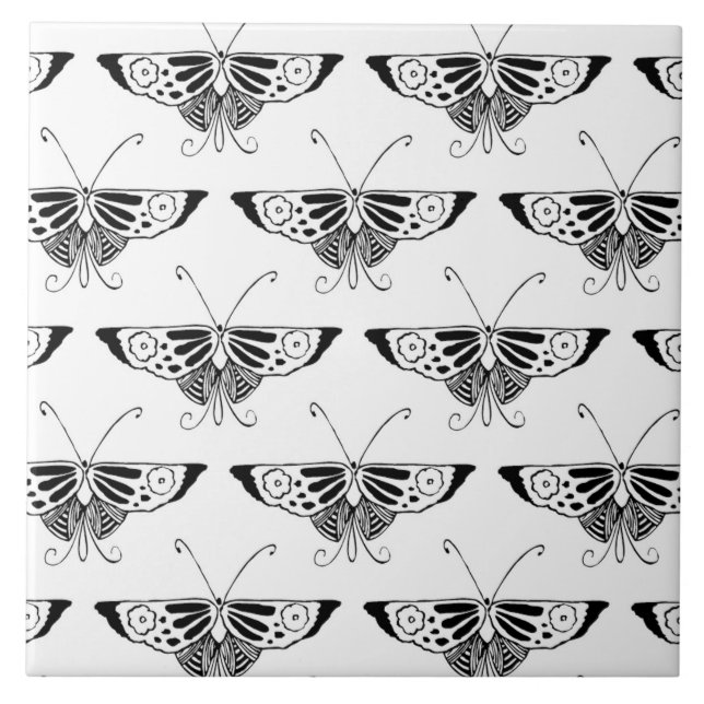 Stylized Deco butterfly  - white and black Tile (Front)