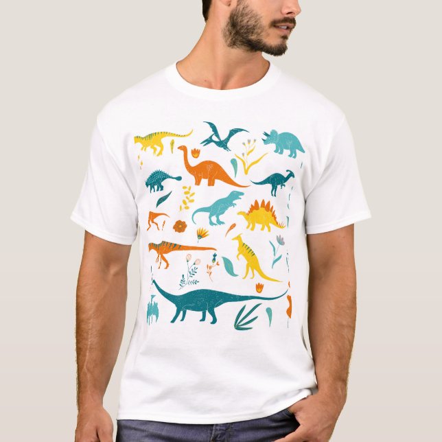 Stylized dinosaurs, floral elements, cute. T-Shirt (Front)