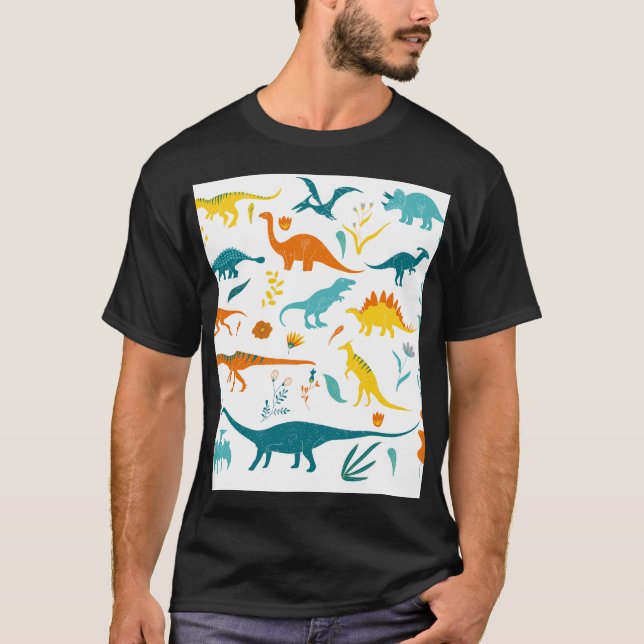 Stylized dinosaurs, floral elements, cute. T-Shirt (Front)