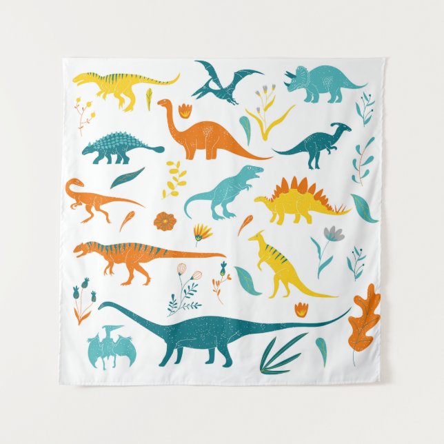 Stylized dinosaurs, floral elements, cute. tapestry (Front)