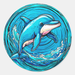 Stylized Dolphin Swimming in Vibrant Blue Waves Classic Round Sticker