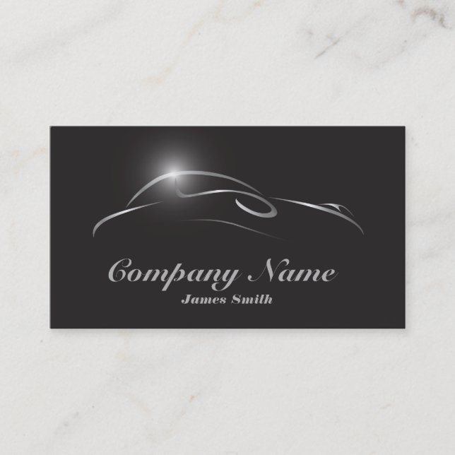 Stylized Elegant Silver on Black Auto Detail EU Business Card (Front)