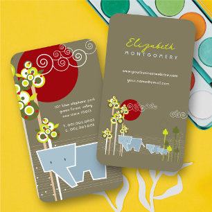 Stylized Elephants Family In The Forest & Red Sun Business Card