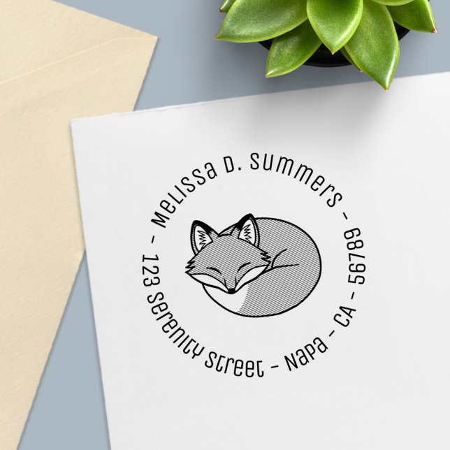 Stylized Etched Sleeping Fox Round Address 2 Self-inking Stamp (Creator Uploaded)