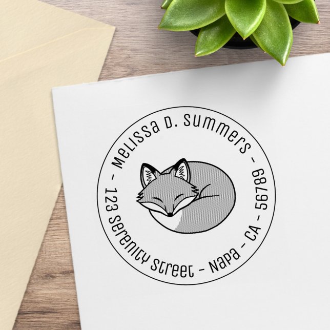 Stylized Etched Sleeping Fox Round Address 3 Rubber Stamp (Creator Uploaded)