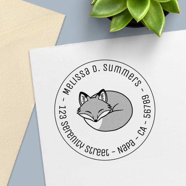 Stylized Etched Sleeping Fox Round Address 3 Self-inking Stamp (Creator Uploaded)