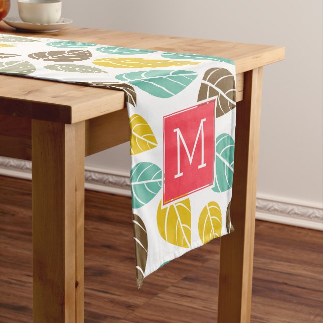 Stylized Fall Colours Leafs Pattern Custom Monogra Medium Table Runner (In Situ)