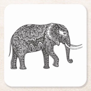 Stylized Fantasy Elephant Doodle Square Paper Coaster