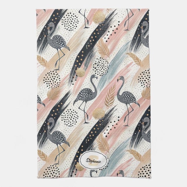 Stylized Flamingo & Brushstroke Pattern Kitchen Towel (Vertical)