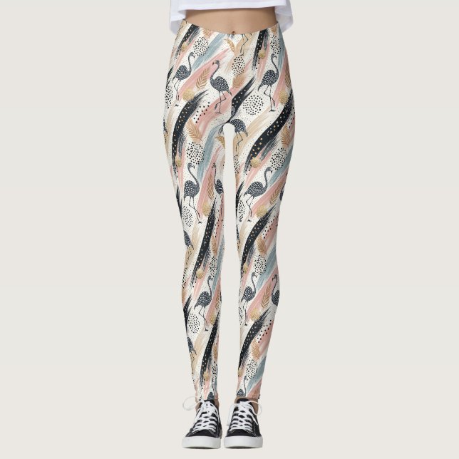 Stylized Flamingo & Brushstroke Pattern Leggings (Front)