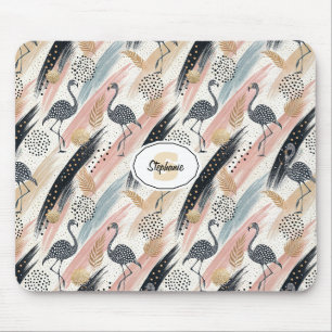 Stylized Flamingo & Brushstroke Pattern Mouse Pad