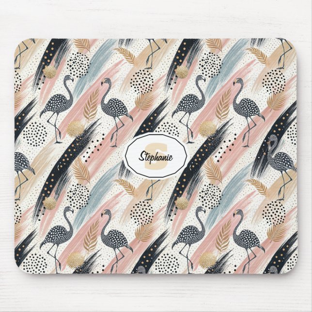 Stylized Flamingo & Brushstroke Pattern Mouse Pad (Front)