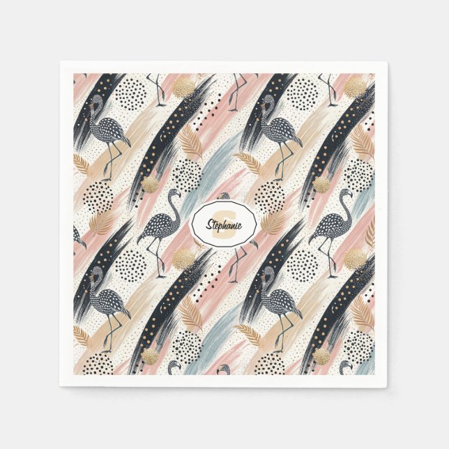 Stylized Flamingo & Brushstroke Pattern Napkin (Front)
