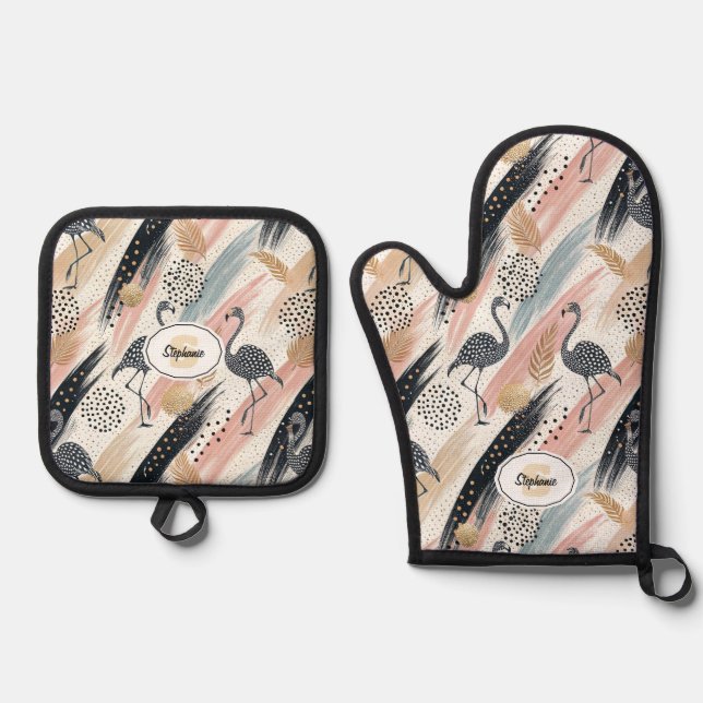 Stylized Flamingo & Brushstroke Pattern Oven Mitt & Pot Holder Set (Front)