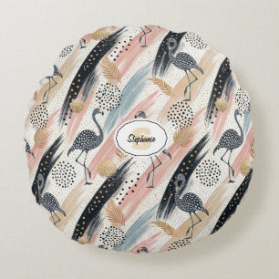 Stylized Flamingo & Brushstroke Pattern Round Pillow