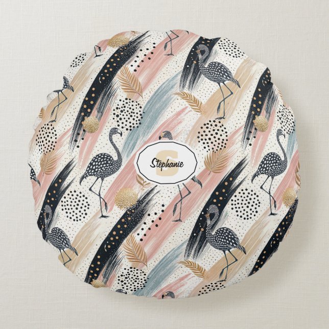 Stylized Flamingo & Brushstroke Pattern Round Pillow (Front)