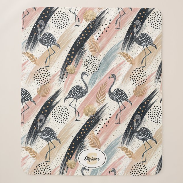 Stylized Flamingo & Brushstroke Pattern Sherpa Blanket (Front)