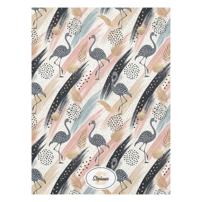Stylized Flamingo & Brushstroke Pattern Tablecloth (Front)