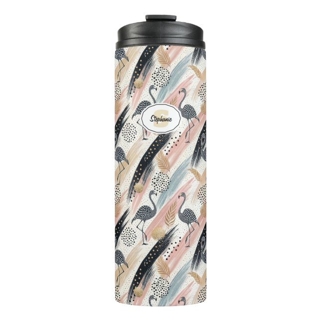 Stylized Flamingo & Brushstroke Pattern Thermal Tumbler (Front)