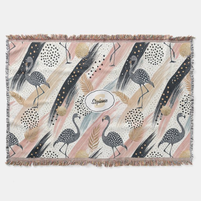 Stylized Flamingo & Brushstroke Pattern Throw Blanket (Front)