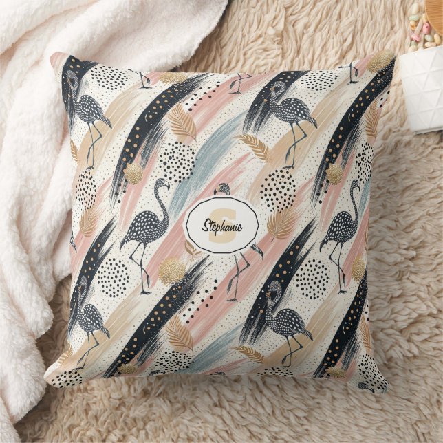 Stylized Flamingo & Brushstroke Pattern Throw Pillow (Blanket)