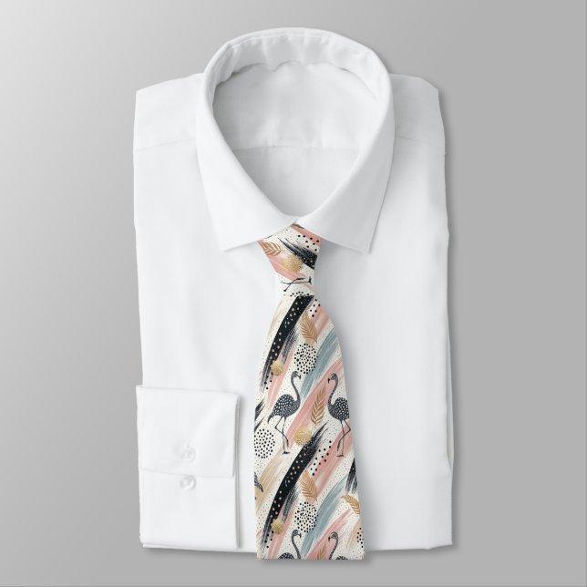 Stylized Flamingo & Brushstroke Pattern Tie (Tied)