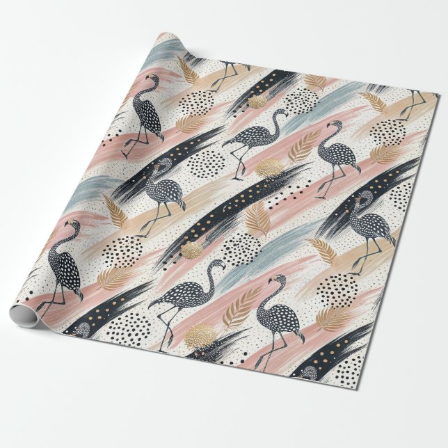 Stylized Flamingo & Brushstroke Pattern Wrapping Paper (Unrolled)