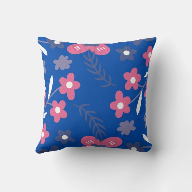 stylized floral pattern against solid blue back throw pillow (Back)