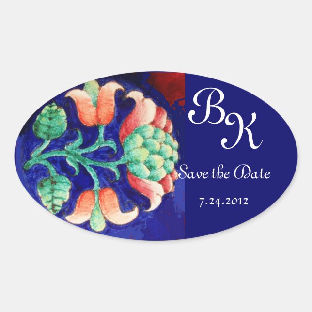 STYLIZED FLOWER,PINK GREEN BLUE FLORAL MONOGRAM OVAL STICKER (Front)