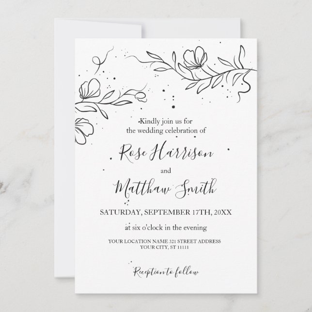 Stylized flowering branch and drops of ink Wedding Invitation (Front)