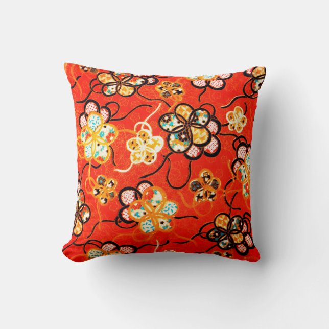 STYLIZED FLOWERS ,BLACK WHITE RIBBONS  BRIGHT RED THROW PILLOW (Front)