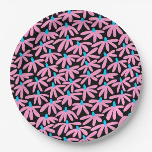 Stylized Flowers - Pink, Sky Blue and Black Paper Plate