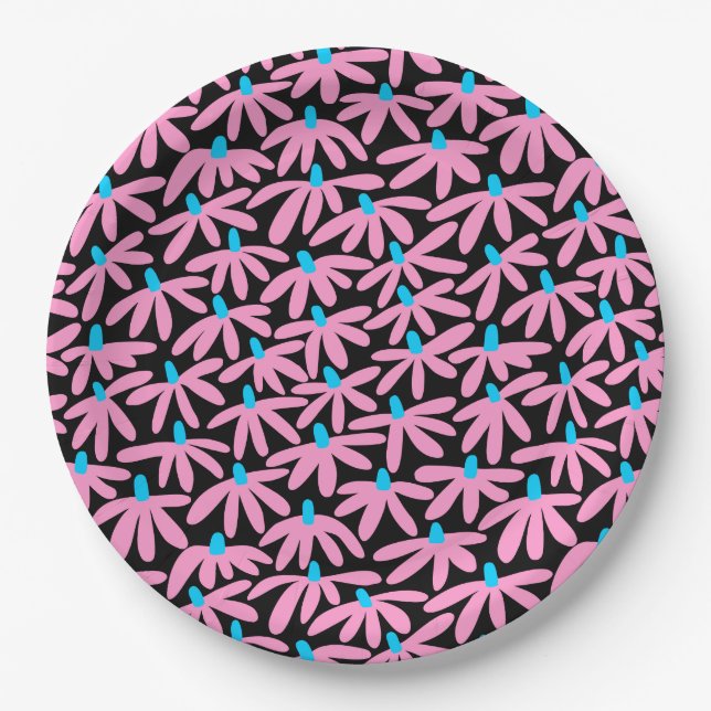 Stylized Flowers - Pink, Sky Blue and Black Paper Plate (Front)