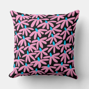 Stylized Flowers - Pink, Sky Blue and Black Throw Pillow