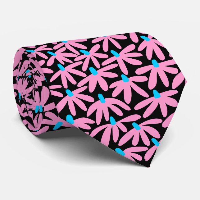 Stylized Flowers - Pink, Sky Blue and Black Tie (Rolled)