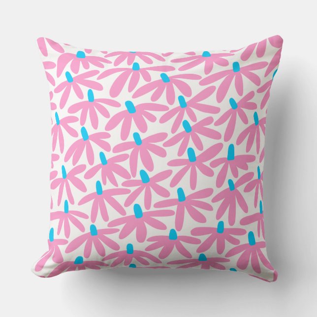 Stylized Flowers - Pink, Sky Blue and White Throw Pillow (Front)
