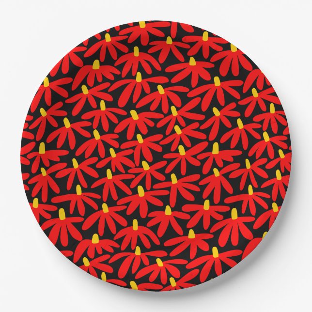 Stylized Flowers - Red and Amber on Black Paper Plate (Front)
