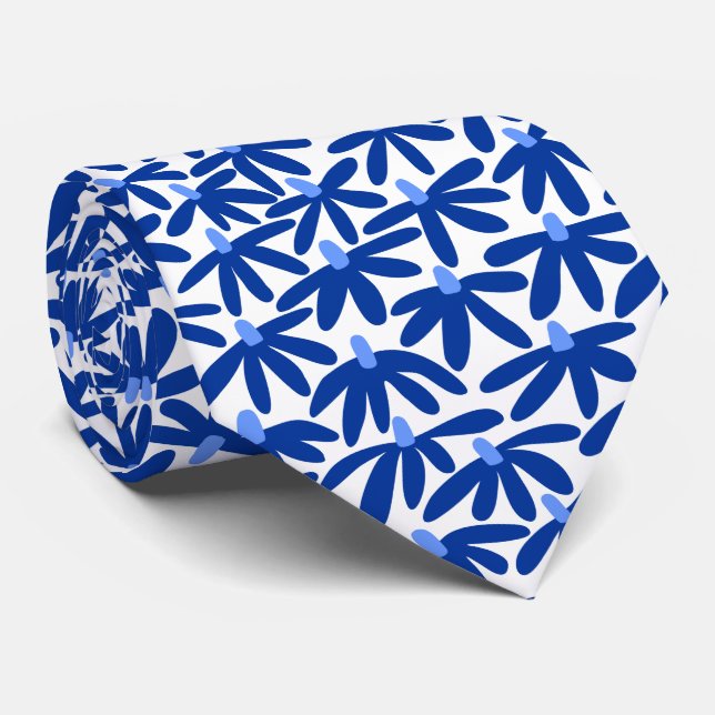 Stylized Flowers - Shades of Blue on White Tie (Rolled)