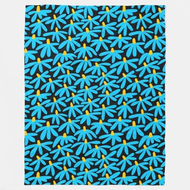 Stylized Flowers - Sky Blue, Amber and Black Fleece Blanket (Front)