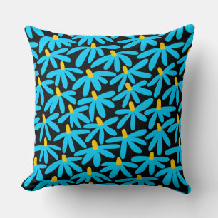 Stylized Flowers - Sky Blue, Amber and Black Throw Pillow