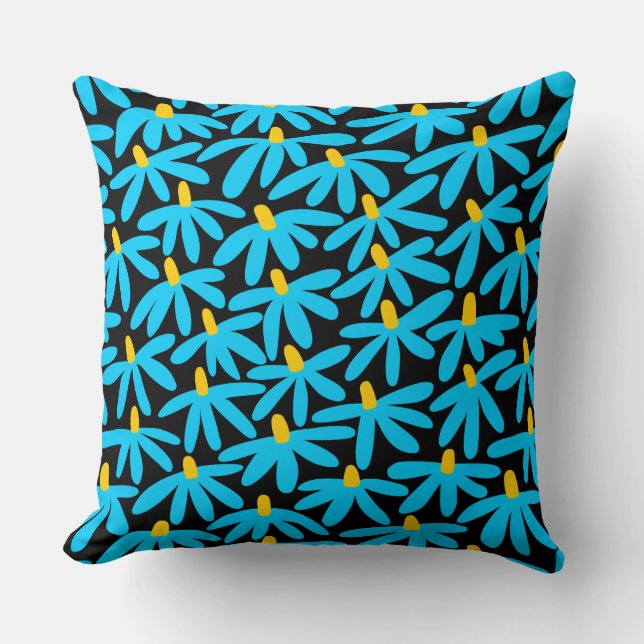 Stylized Flowers - Sky Blue, Amber and Black Throw Pillow (Front)