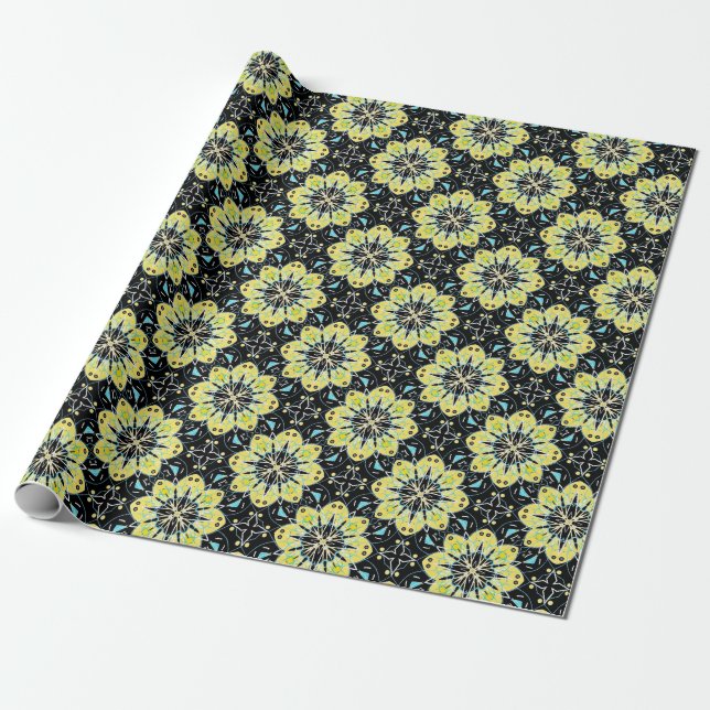 Stylized Flowers Yellow & Black Geometric Pattern Wrapping Paper (Unrolled)