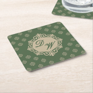 Stylized Foulard Design in Sage Green Square Paper Coaster