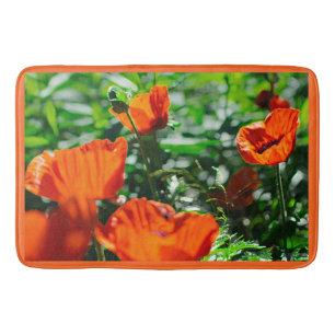 Stylized Garden Red Orange Poppy Flowers Bath Mat